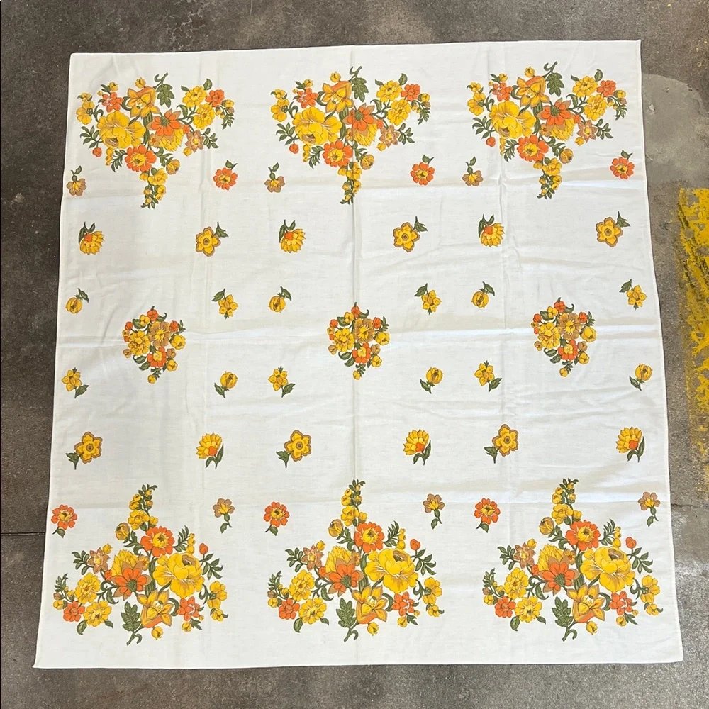 Vintage floral 52”X 48” squareish tablecloth yellow & oranges cotton Handmade